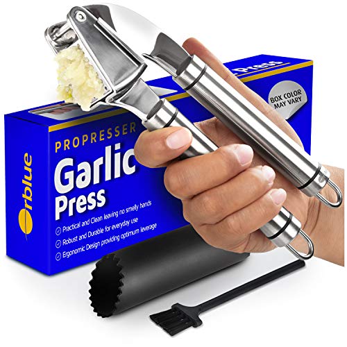 ORBLUE Garlic Press [Premium], Stainless Steel Mincer, Crusher & Peeler Set - Professional Grade, Easy Clean, Dishwasher Safe & Rust-proof