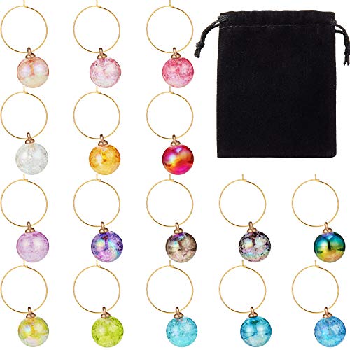 Beaded Wine Charms Set Swirl Glass Markers Tags, Includes 16 Pieces Beads, 32 Pieces Rings and 2 Pieces Velvet Bags for Party Favors Family Gathering