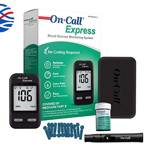 On Call Express Diabetes Testing Kit- Blood Glucose Meter, 10 Blood Test Strips, 1 Lancing Device, 30g Lancets, Control Solution, Carrying Case, Log Book, Black