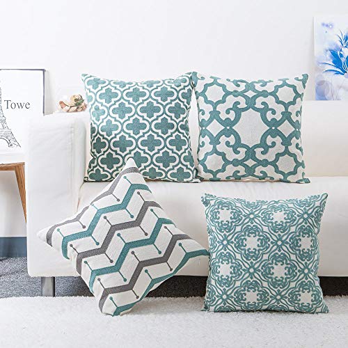 Embroidered Throw Pillows Covers 4PCS/Set, baibu Decorative Teal Throw Pillow Case Turquoise Cushion Cover for Couch Sofa 18x18 inch