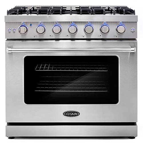 Cosmo COS-EPGR366 36 in. Slide-In Freestanding Gas Range with 6 Italian Burners, Cast Iron Grates and 6.0 cu. ft. Convection Oven in Stainless Steel