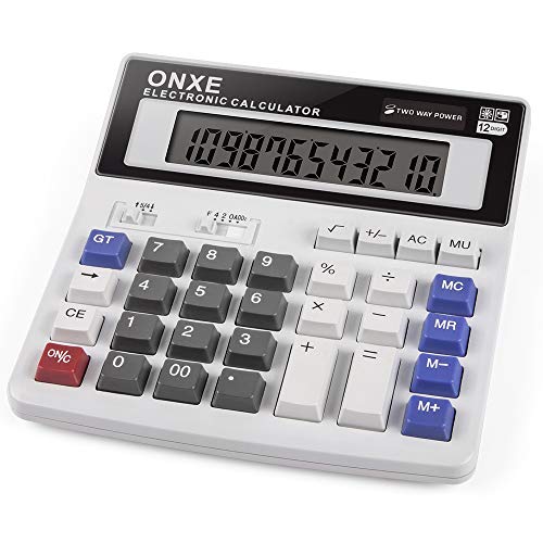 Calculator, ONXE Standard Function Scientific Electronics Desktop Calculators, Dual Power, Big Button 12 Digit Large LCD Display, Handheld for Daily and Basic Office (White)