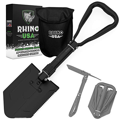 Rhino USA Folding Survival Shovel w/Pick - Heavy Duty Carbon Steel Military Style Entrenching Tool for Off Road, Camping, Gardening, Beach, Digging Dirt, Sand, Mud & Snow - Guaranteed for Life!