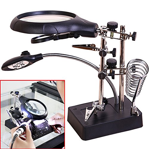 AORAEM 2.5X 7.5X 10X LED Light Helping Hands Magnifier Station,Magnifying Glass Stand with Clamp and Alligator Clips