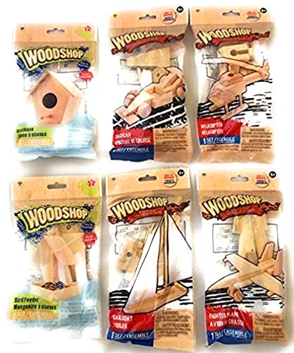 WOODSHOP Wood Craft Model Activity Kits - Helicopter, Fighter Plane, Sail Boat, Race Car, Bird House, Bird Feeder, 6-kit Set