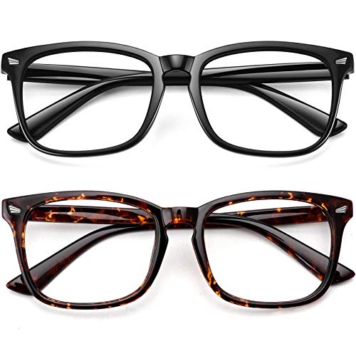 WOWSUN Unisex Stylish Nerd Non-prescription Glasses, Clear Lens Eyeglasses Frames, Fake Glasses (2020-A2 2 Pack/Glossy Black Frame Clear Lens + Fire Leopard Frame Clear Lens, 53)