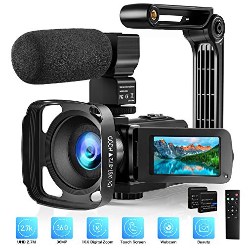 Video Camera with Microphone 2.7K Camcorder HD 36MP/30FPS YouTube Vlogging Camera IR Night Vision 16X Digital Zoom Digital Recorder with 3.0' LCD Touch Screen, Remote Control, Handheld Stabilizer