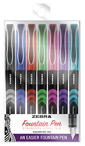 Zebra Fountain Pen, Fine Point, 0.6mm, Assorted Colors, Non-Toxic Ink, 7-Count