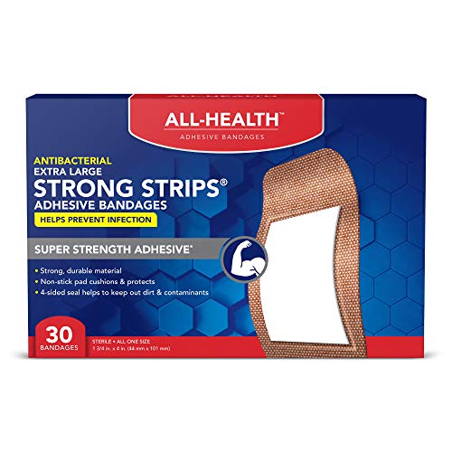 All Health Antibacterial Heavy Fabric Strong Strip Adhesive Bandages, XL 1.75 in x 4 in, 30 ct | Extra Large, Helps Prevent Infection, Durable Protection for First Aid and Wound Care