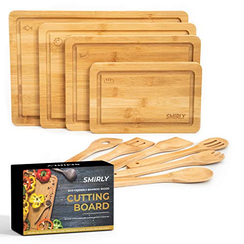 Smirly Bamboo Cutting Board for Kitchen: Set of 4 Butcher Block Wood Cutting Boards with 6 Utensils