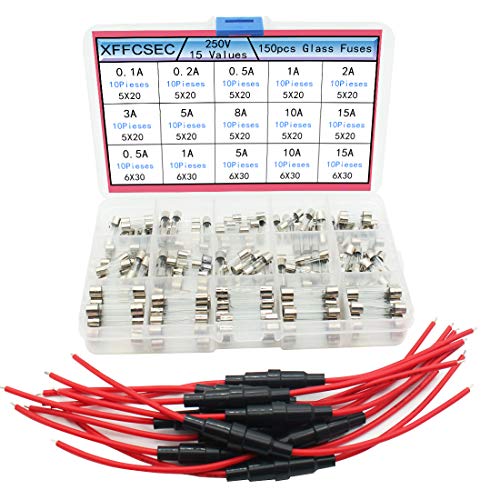 XFFCSEC 10pcs 5x20mm Fuse Holder Inline Screw Type With 18 AWG wire + 150pcs Quick Blow Glass Tube Fuse Assorted Kit Amp 250V 0.1A,0.2A,0.5A,1A,2A,3A,5A,8A,10A,15A,5x20mm, 0.5A,1A,5A,10A,15A,6x30mm