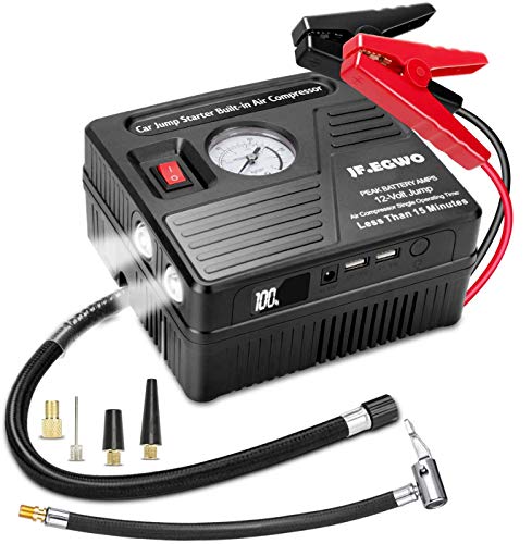 JF.EGWO Car Jump Starter with Air Compressor, 1000 AMP 120 PSI, 18000 mAh Li-on Battery Jump Pack with Air Pump, Built-in 2 USB Charging Ports and 2 LED Light, 8L Gas 5L Diesel Car Starter