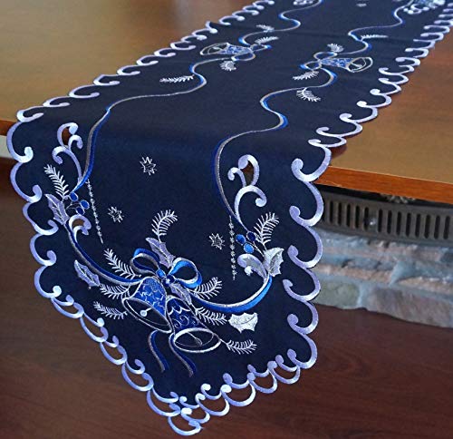 GRANDDECO Holiday Christmas Table Runner 13'x54', Cutwork Embroidered Floral Christmas Blue Bells Dresser Scarf Table Topper for Home Dining Xmas Table Top Decoration