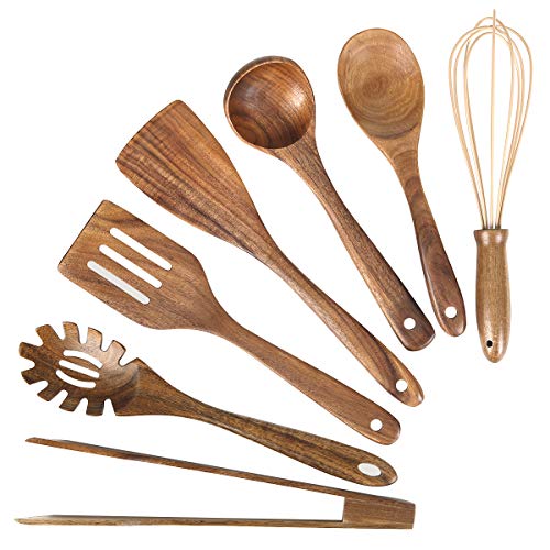 Wooden Kitchen Utensil Set,Mondayou Wood Utensils Cooking Set Organic Teak Wood Spoons for Cooking,Spatulas Non-Stick for Cookware Kitchen Gadgets (7)