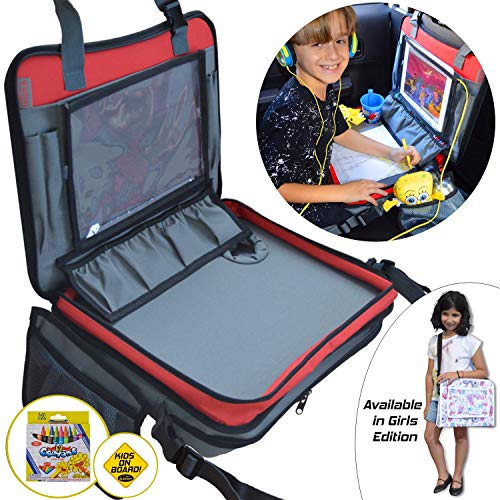 Kids Travel Tray 3 in 1 - Car Seat Travel Play Tray (16'x12') Waterproof Storage Organizer Activity Lap Tray, Carry Bag & Tablet IPad Holder Free Extra - Crayons (12 Pack) + Car Sticker, Grey-Red