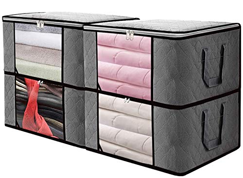 SGHUO Foldable Storage Bag, Set of 4 Large Capacity Clothes Organizers with Clear Window, Sturdy Zipper and Reinforced Handle for Comforters, Clothes, Blankets, Bedding (Grey，84L)