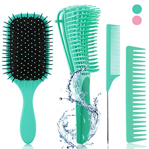 4 Piece Hair Brushes for Women Set with Detangling Brush, Paddle Brush and Hair Combs Suitable for Wet or Dry Straight Long Thick Curly Natural Hair No More Tangle (Green)