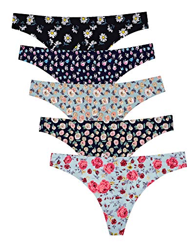 VOENXE Seamless Thongs for Women No Show Thong Underwear Women 5-10 Pack (5 Pack Floral Design, Medium)