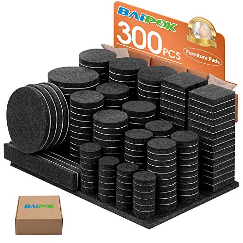 Furniture Pads 300 Pieces Felt Furniture Pads Premium Huge Pack, 5mm Thick Self Adhesive Anti Scratch Floor Protectors for Desk Chair Legs with Case and 60 Rubber Bumpers for Hardwood Tile Floor