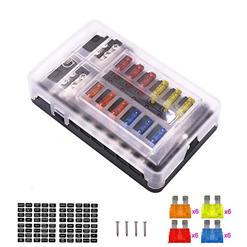 12-Way Fuse Box Blade Fuse Block Holder Screw Nut Terminal W/Negative Bus 5A 10A 15A 20A Free Fuses LED Indicator Waterpoof Cover for Automotive Car Marine Boat