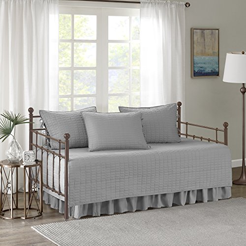 Comfort Spaces Kienna Soft Microfiber Solid Blush Stitched Pattern 5 Piece Quilt Daybed Bedding Sets, 75'x39', Grey