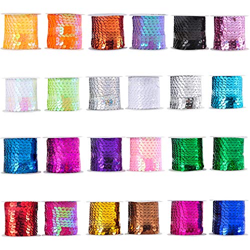 Berolle 24 Rolls 24 Colors Spangle Flat Sequins Paillette Trim Spool String Sequins Ribbon Roll for Crafts, Embellishments, Costume Accessories