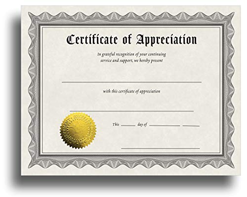 Certificate of Appreciation Certificate Paper with Embossed Gold Foil Seals - 30 Pack - Parchment Award Certificates for Students, Teachers, Employees - 8.5' x 11' Inkjet/Laser Printable