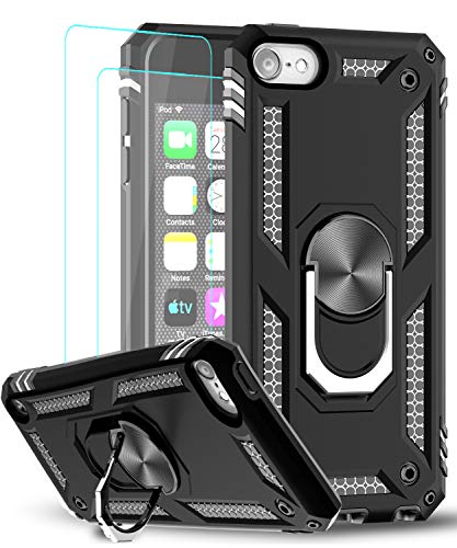 iPod Touch 7 Case, iPod Touch 6 Case, iPod Touch 5 Case with Tempered Glass Screen Protector [2Pack], LeYi Military Grade Phone Case with Car Mount Kickstand for Apple iPod Touch 7th/6th/5th Gen，Black
