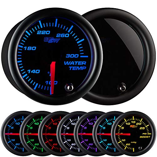 GlowShift Tinted 7 Color 300 F Water Coolant Temperature Gauge Kit - Includes Electronic Sensor - Black Dial - Smoked Lens - For Car & Truck - 2-1/16'