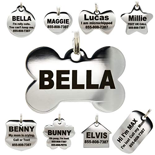 Stainless Steel Pet ID Tags - Engraved Personalized Dog Tags, Cat Tags Front & Back up to 8 Lines of Text – Bone, Round, Heart, Flower, Badge, House, Star, Rectangle, Bow Tie