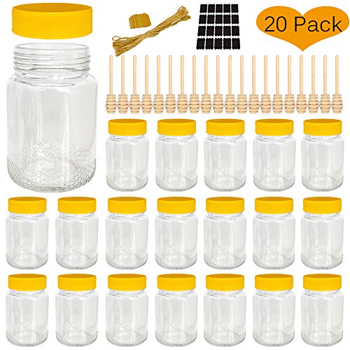 Syntic 12 oz Empty Bottles for Honey, Glass Honey Jars with 4.2’’ Wooden Honey Dipper Sticks, Honey Containers with Airtight Plastic Lids Great for Wedding, Party Favors, 20 Pack
