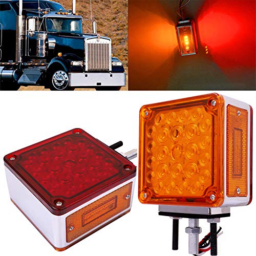 2Pcs Amber/Red Truck Trailer Mark Light 52 LED Square Dual Double Face Fender Stop Turn Signal Tail Lamp Stud Pedestal Lights, Replacement for Volvo Kenworth Peterbilt Freightliner Western Star