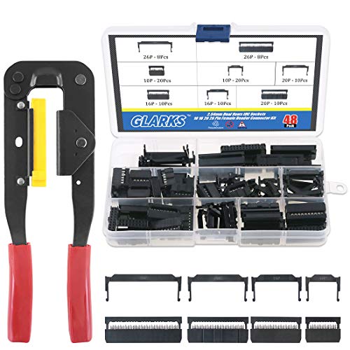 Glarks Professional IDC Crimp Tool with 48Pcs 2.54mm Pitch Dual Rows IDC Sockets 10 16 20 26 Pin Female Header Rectangular Connector Adapter for Flat Ribbon Cable