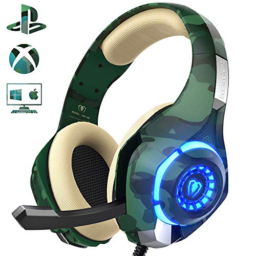 PS4 Gaming Headset with mic, Beexcellent Xbox One Headset with Stereo Sound Noise Isolation Memory Foam LED Light for PC Laptop Tablet