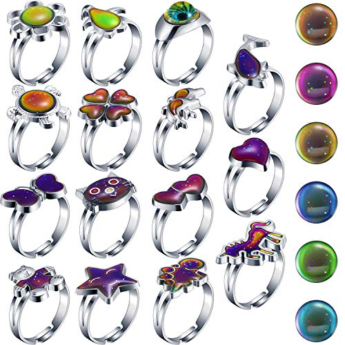 Hicarer 15 Pieces Adjustable Mood Rings for Girls and Boys Mixed Color Changing Mood Rings for Halloween Costume Props Birthday Party Favors and Goodie Bag Fillers (Style B)