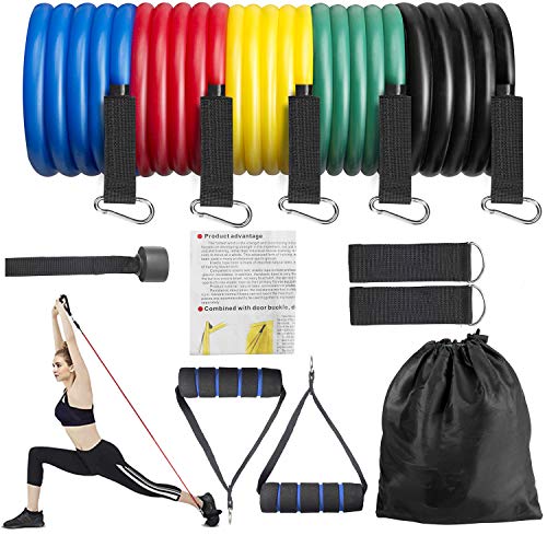 JONSANTY 100LBS Resistance Bands Set with 5 Stackable Exercise Workout Bands 2 Handle 1 Door Anchor 2 Foot Ankle Strap 1 Carrying Case for Men Women Physical Therapy at Home or Gym Training