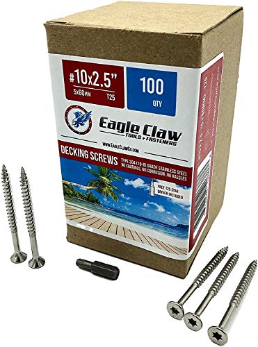 Eagle Claw Tools and Fasteners 10 x 2 1/2 Inch Stainless Steel Deck Screws 100 Box T25 Star Drive Included