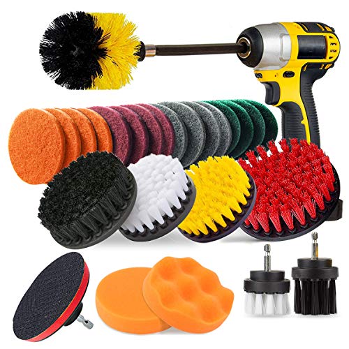 JUSONEY 27 Piece Drill Brush Attachment- Drifferent Size and Hardness- Premium Scrub Pads & Sponge- With Extend Long Attachment- Power Scrubber Brush Cleaning for Grout, Tiles, Sinks, Bathtub, Kitchen