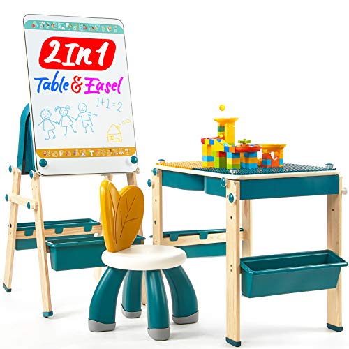 2 in 1 Kids Table & Easel with Blocks Set Childrens Toddler Kids Activity Table and Chair Set Kids Art Easel for Kids Table and Chairs for Kids Toddlers Toddler Kids Desk and Chair Set Toddler Chair