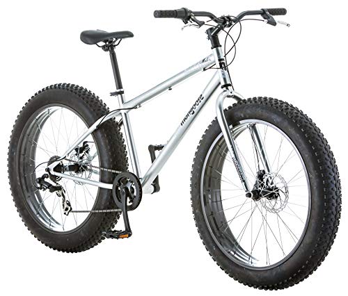 Mongoose Malus Adult Fat Tire Mountain Bike, 26-Inch Wheels, 7-Speed, Steel Frame, Mechanical Disc Brakes, Silver with Black Rims