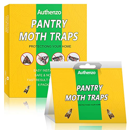 Authenzo Pantry Moth Traps, Premium Moth Traps with Pheromones Prime, Moth Killer Sticky Glue Traps for Food, Meal and Cupboard Moths in Kitchen, Safe, Non-Toxic with No Insecticides (6 Traps)