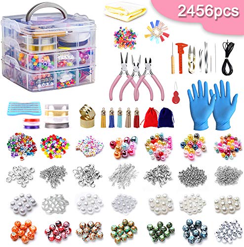 Jewelry Making Supplies Kit, 2456pcs Earrings and Repair Tool Kits with Jewelry Beads, Jewelry Pliers, Beading Wire,Storage Case,Findings,Charms for Necklace Bracelet,DIY Gifts for Girls,Kids,Women