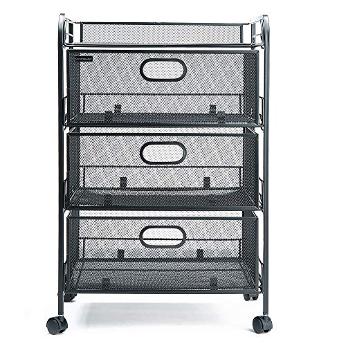 Mind Reader 4DRMESH-BLK 3 Rolling Mesh, Metal Drawers, File, Utility, Office Storage, Heavy Duty Multi-Purpose Cart, Silver, Black