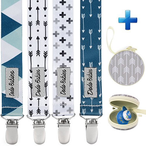 Pacifier Clip by Dodo Babies Pack of 4 + Pacifier Case, Premium Quality Modern Designs Universal Holder Leash for Boys and Girls, Teething Toy or Soothie, Baby Shower Gift Set