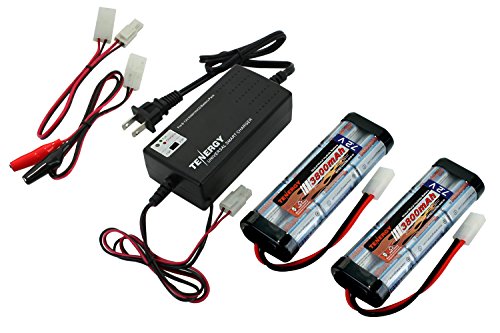 Tenergy 7.2V Battery Pack for RC Car, 3800mAh NiMH Flat Battery Packs 2-Pack w/Standard Tamiya Connector+6V-12V Universal Battery Charger for NiMH/NiCd Battery Packs for RC Hobbies, Airsoft Guns