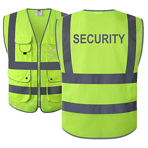 JKSafety 9 Pockets Class 2 Security Hi-Vis HQ Mesh Lite Hi-Vis Zipper Front Safety Vest | Neon Color Body with Retro-Reflective Strips | Comply ANSI/ISEA Safety Standards (Security-Yellow, X-Large)