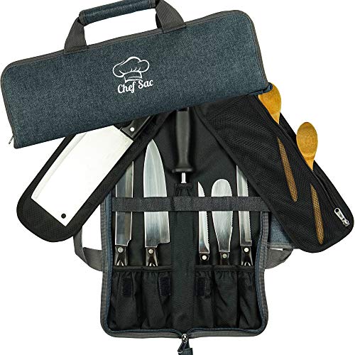 Chef Knife Bag Roll Bag Case | 8 Pockets for Knives & Kitchen Utensils | 2 Protective Flaps with Butcher Knife Pocket & Mesh Pocket | Durable Knife Case for Chefs & Culinary Students (Denim Grey)