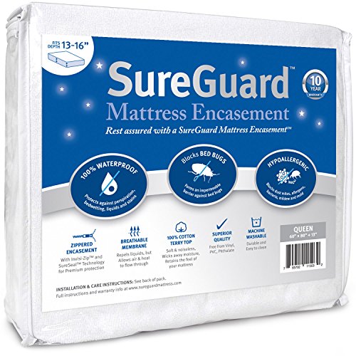 Queen (13-16 in. Deep) SureGuard Mattress Encasement - 100% Waterproof, Bed Bug Proof, Hypoallergenic - Premium Zippered Six-Sided Cover