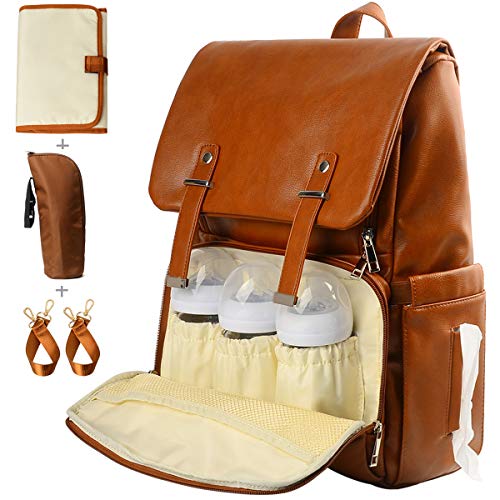 Leather Diaper Bag Backpack, Nappy Bag Baby Bags for Mom Unisex Maternity Diaper Bag with Stroller Hanger|Thermal Pockets|Adjustable Shoulder Straps|Water Proof| LargeCapacity (Brown)