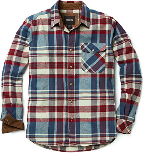 CQR CLSL Men's All Cotton Flannel Shirt, Long Sleeve Casual Button Up Plaid Shirt, Brushed Soft Outdoor Shirts, Unique(hof110) - Vintage Wine, Large